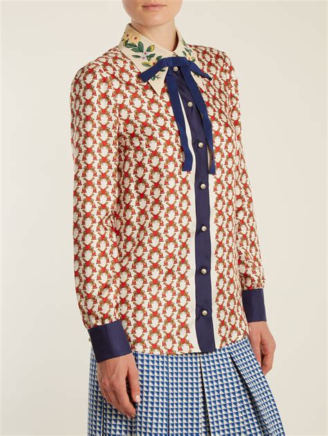 bow-embellished silk shirt by gucci|gucci lace blouse.